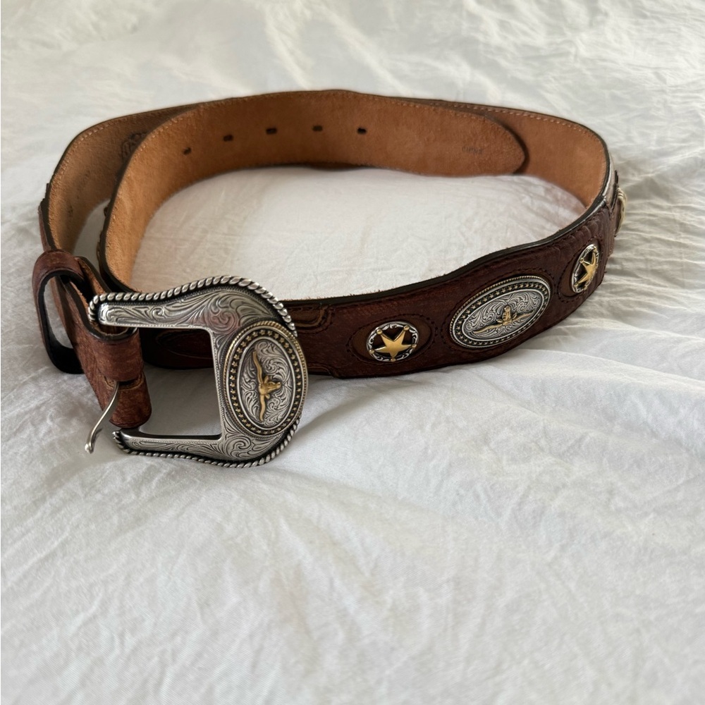 Tony Lama Men’s Brown Leather Belt Longhorn Steer Head Five-Pointed Stars  36